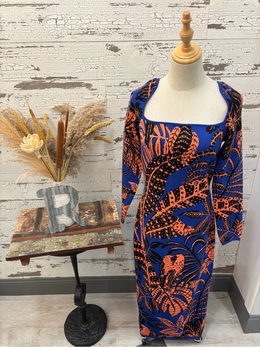 Farm Rio NWT Blue and Orange Tropical Square-Neck Long Sleeve Maxi Dress